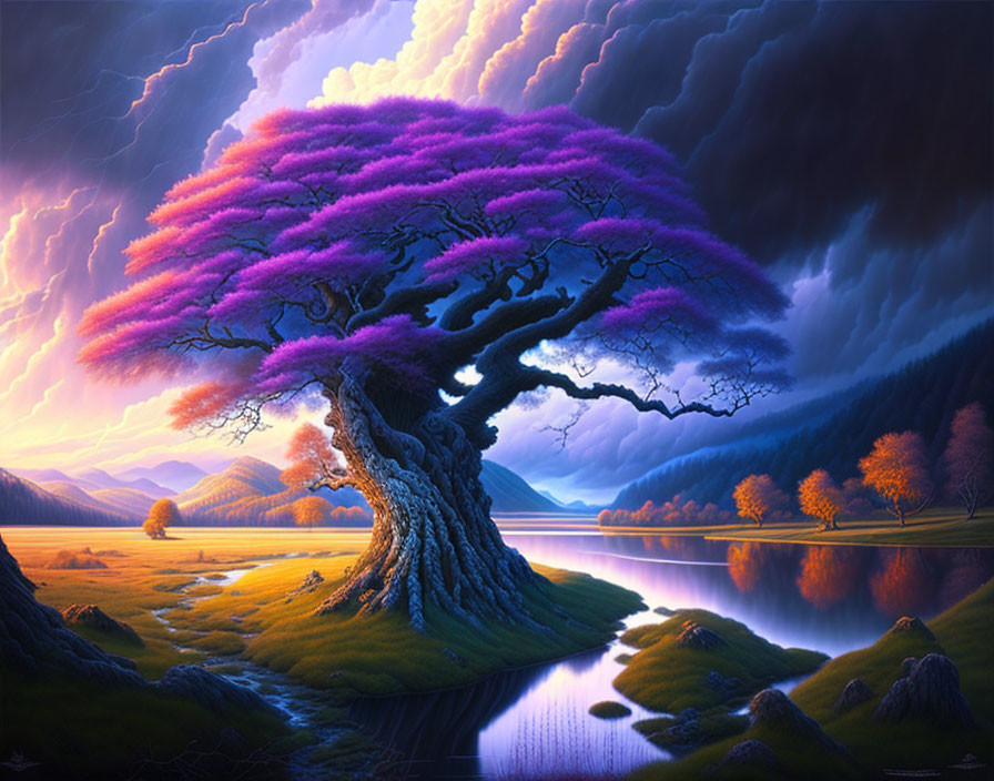 Vibrant digital artwork of majestic tree with purple foliage and lightning sky by river