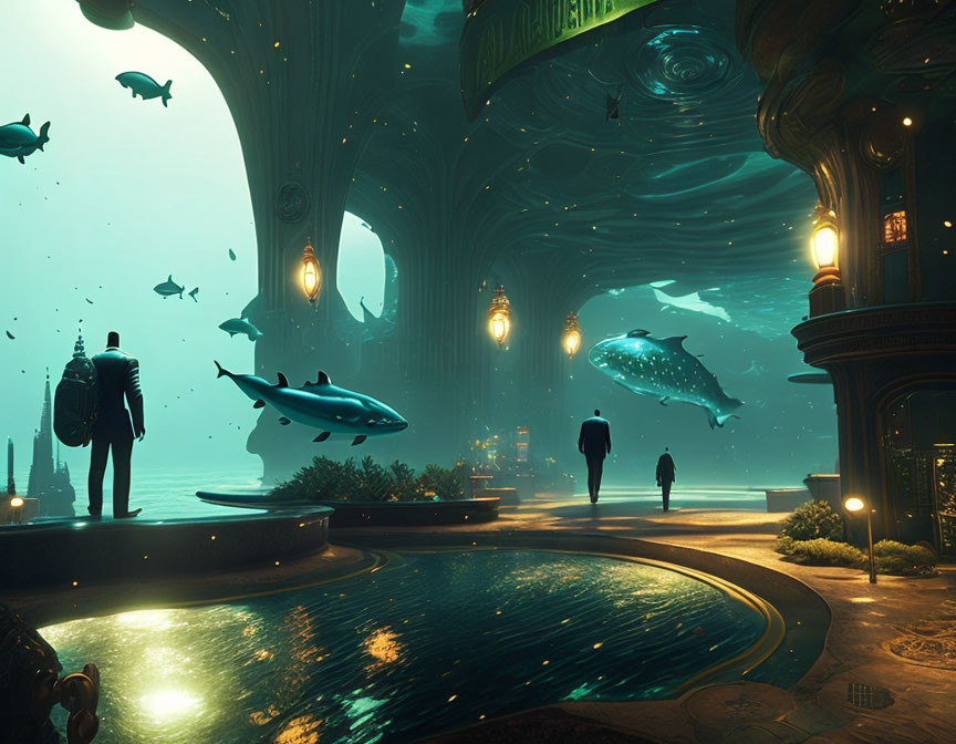 Underwater cityscape with glowing architecture and marine life observation.