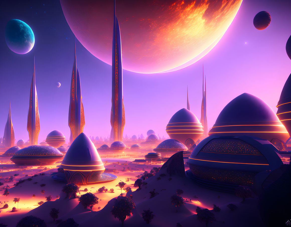 Futuristic alien cityscape with towering spires and multiple moons