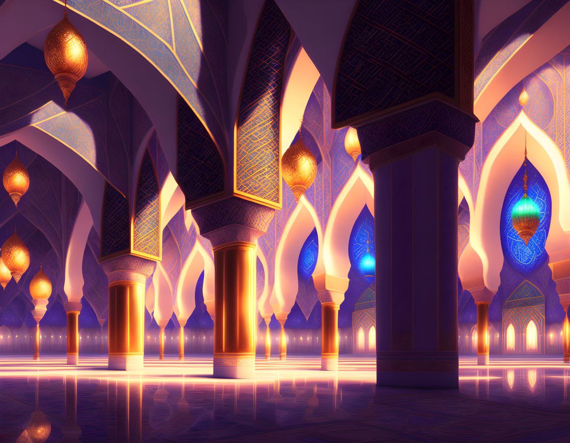 Detailed depiction of ornate arabesque interior with pillars, arches, and glowing lanterns.