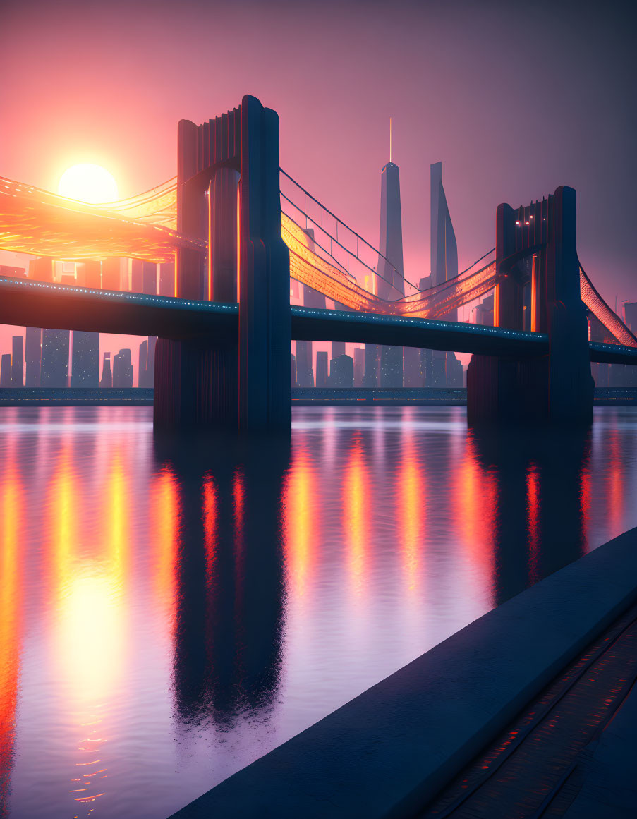 Cityscape sunset with modern bridge and skyscrapers reflecting in calm water