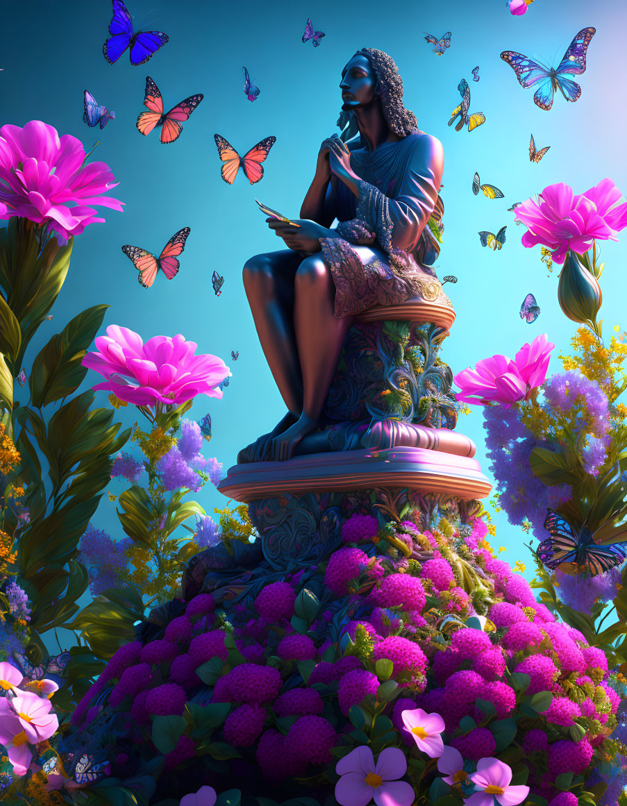 Digital artwork: Woman posing as statue with flowers and butterflies on blue sky