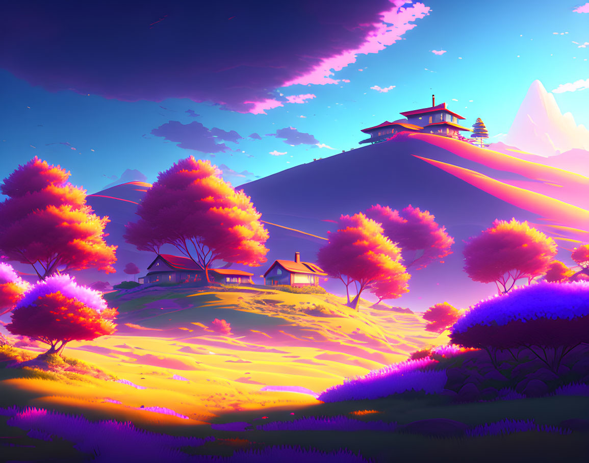 Serene sunset landscape with purple trees and colorful sky