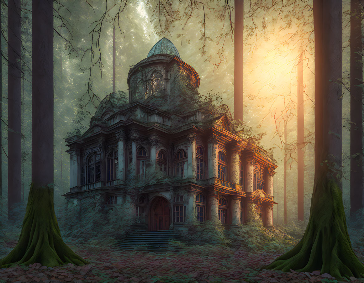 Mystical forest surrounds old mansion in warm light