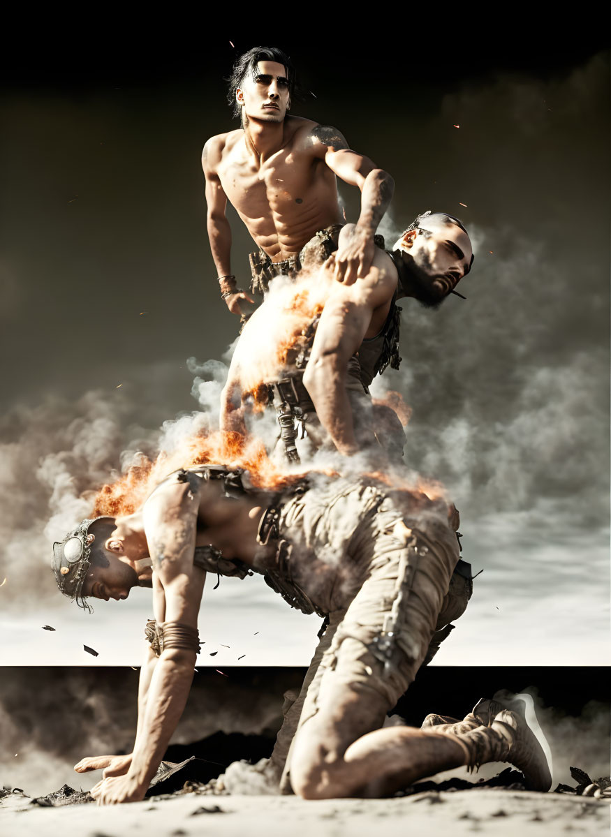 Three men performing fire stunt in desolate landscape