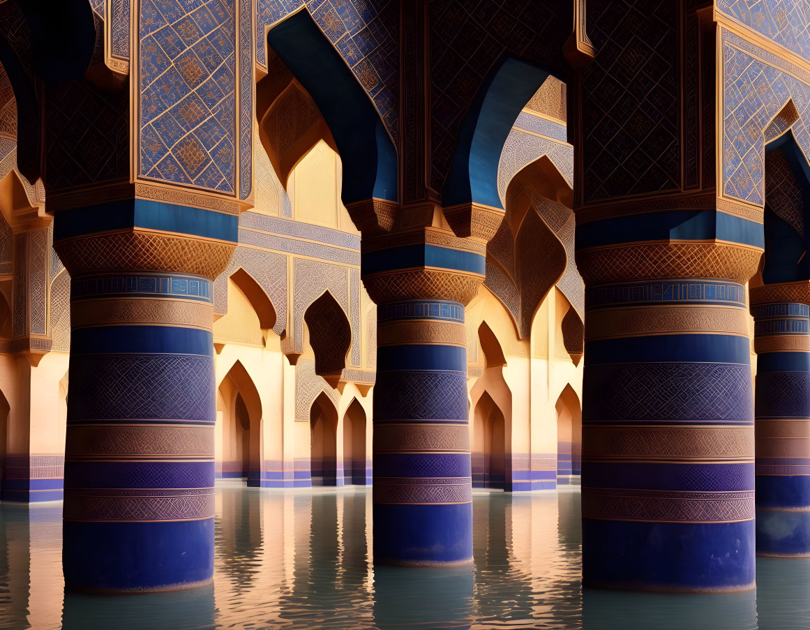 Serene flooded hall with arched columns and Islamic patterns