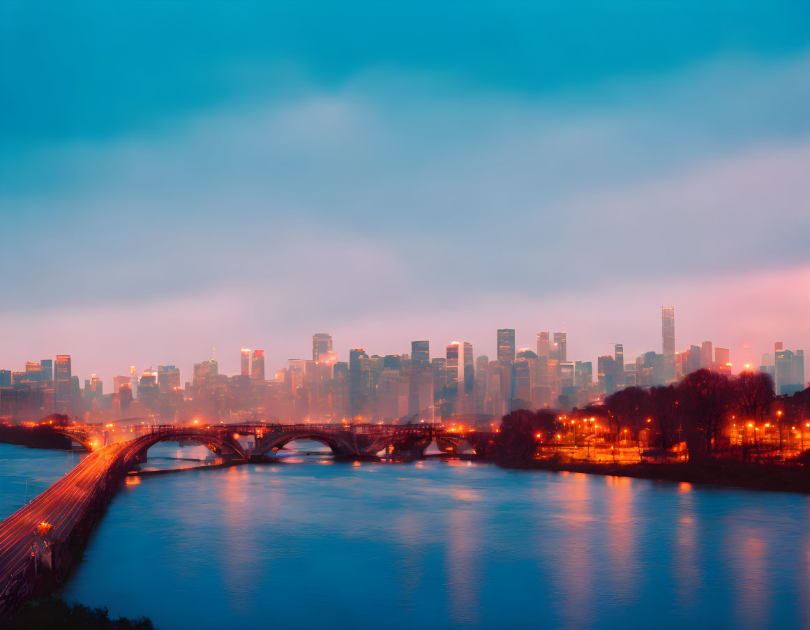 Cityscape with illuminated buildings, glowing bridge, and gradient sky