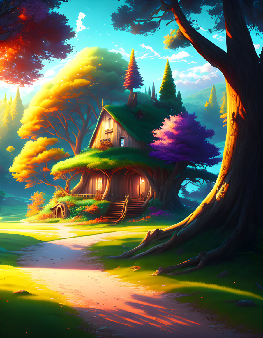 Colorful Forest Cottage at Sunrise or Sunset in Serene Setting