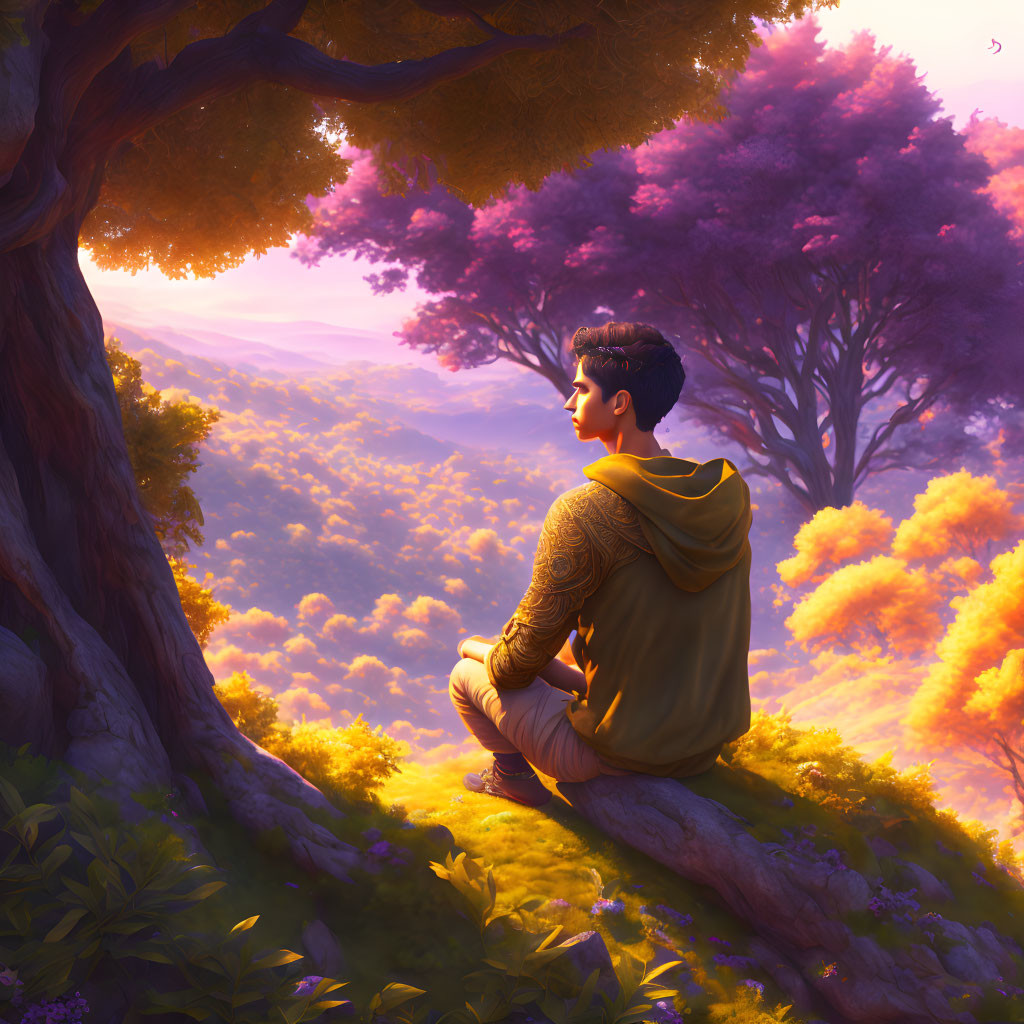 Person in yellow cloak gazes at vibrant purple and orange forest under warm light