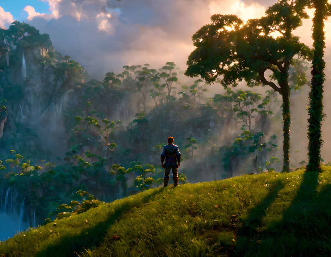 Person on grassy hill overlooking misty jungle with waterfalls