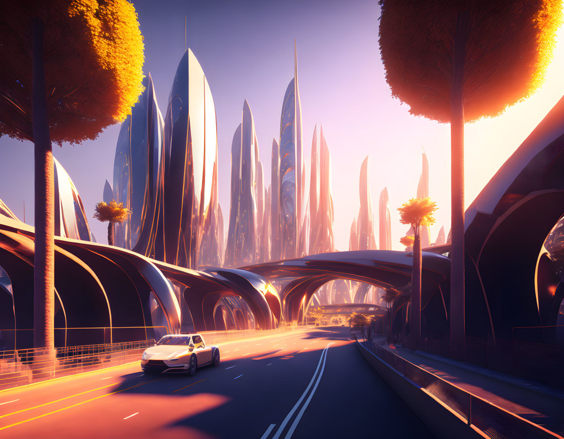 Futuristic cityscape at sunset with towering buildings, car, and stylized trees