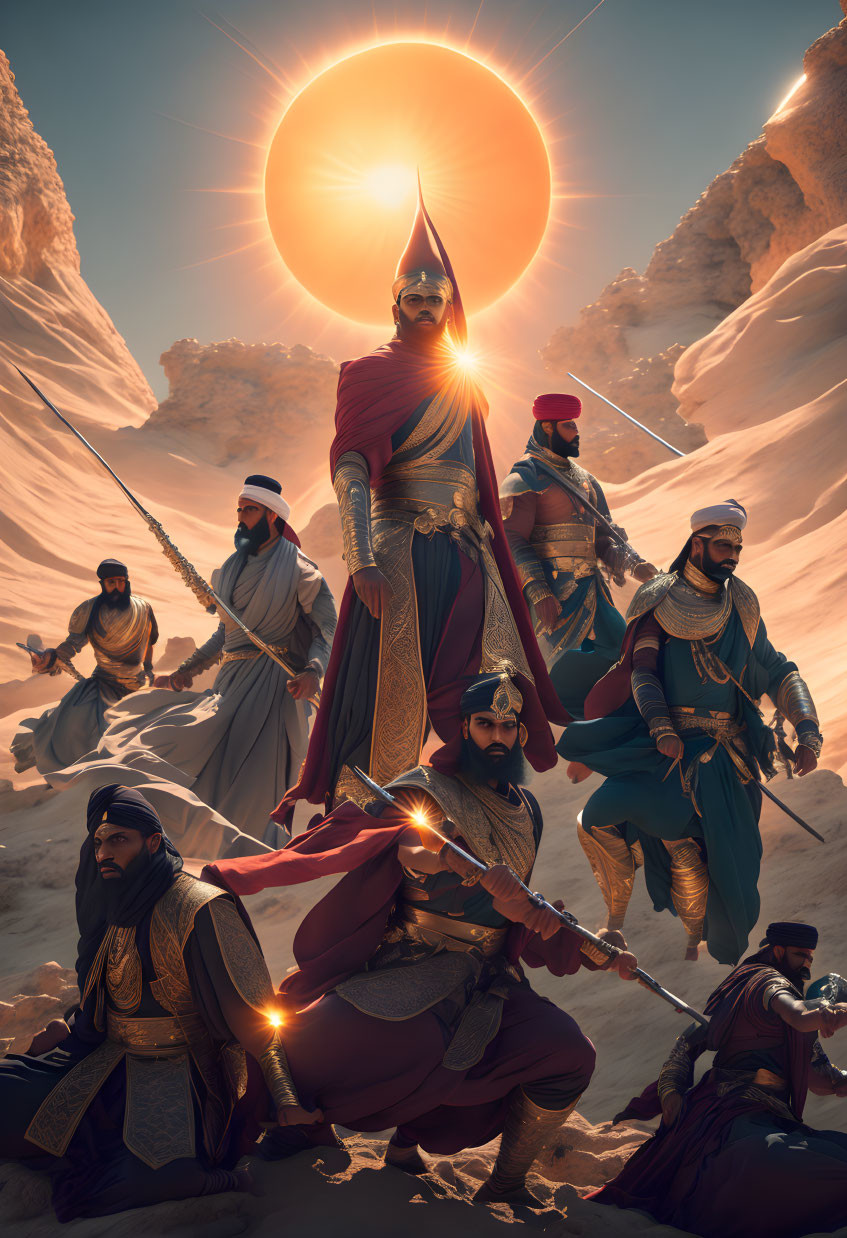 Ancient Middle Eastern warriors under dramatic eclipse in desert landscape