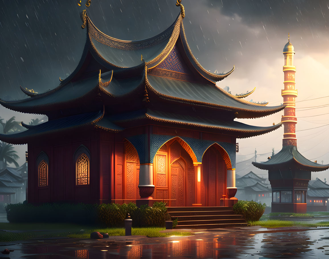 Rain-soaked Asian structure and minaret under stormy sky