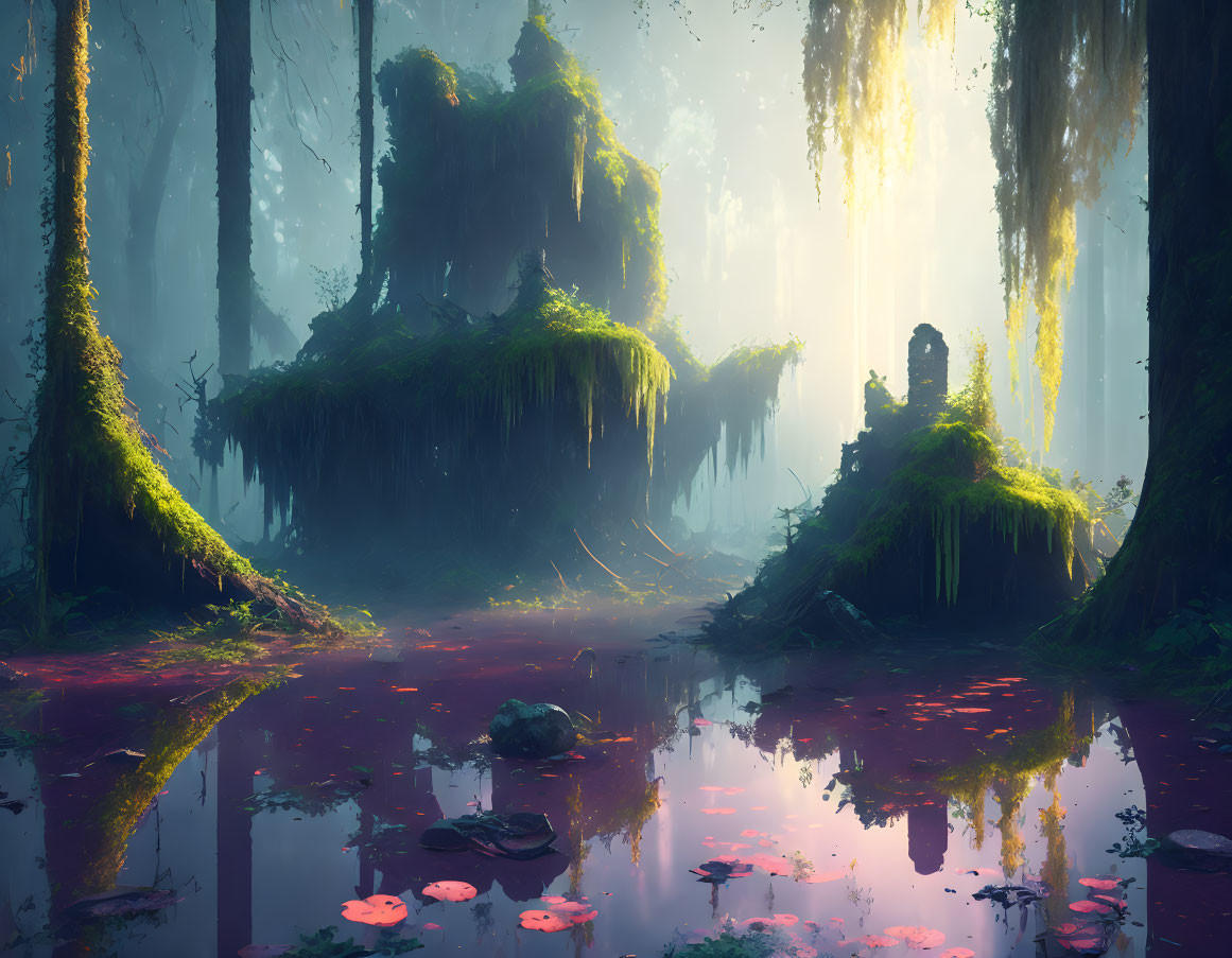 Enchanting forest scene with moss-covered trees, serene pond, and ethereal light.