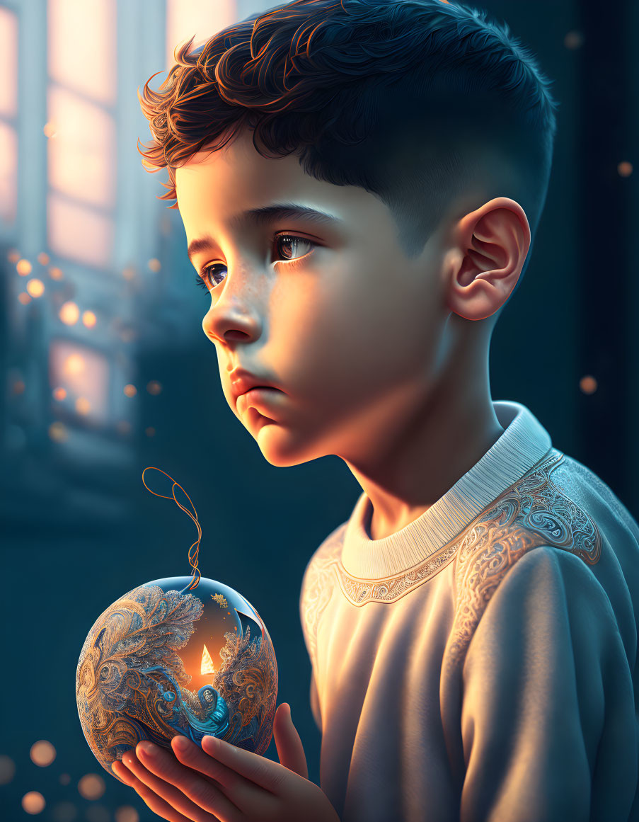 Young boy mesmerized by glowing ornament in magical setting