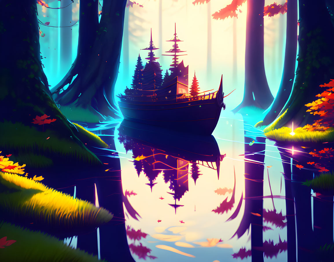 Fantastical ship with trees floating in colorful forest