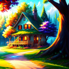 Colorful Forest Cottage at Sunrise or Sunset in Serene Setting