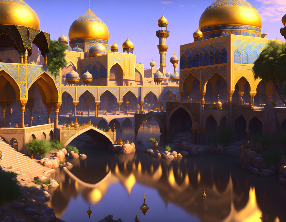 Fantasy palace with golden domes by tranquil river at sunset