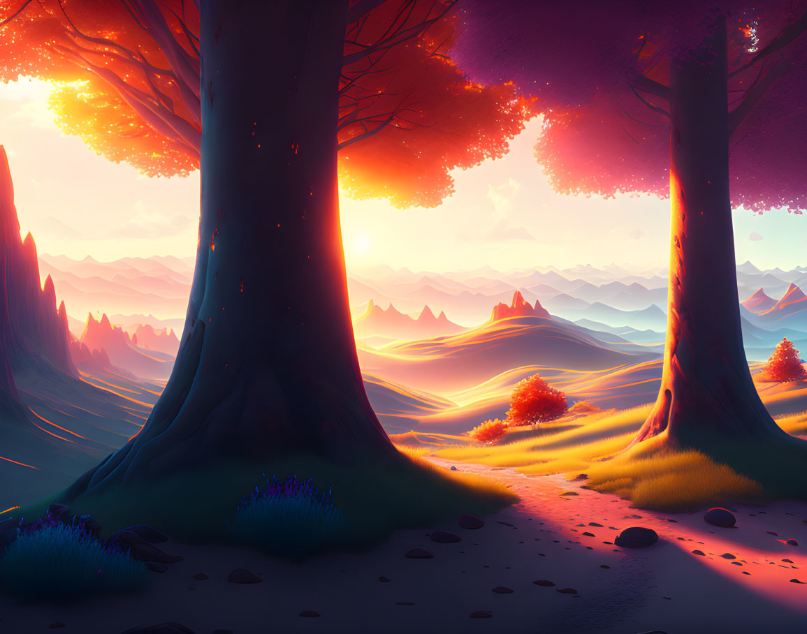 Vibrant fantasy landscape: towering trees, glowing foliage, rolling hills