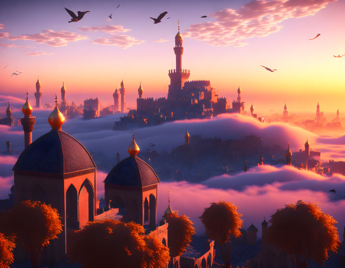 Fantasy cityscape at sunrise with elegant buildings, domes, and towers above misty clouds