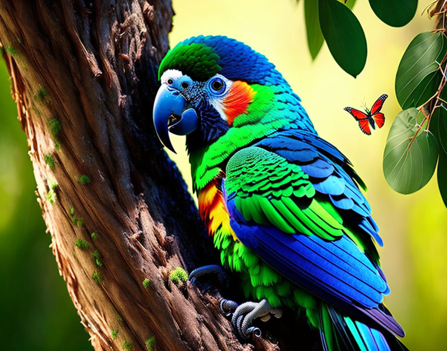 Colorful Parrot and Butterfly on Tree Trunk in Nature Setting