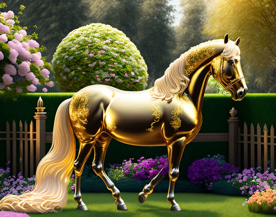 Golden horse with flowing mane in fanciful garden with pink blossoms and trimmed hedge.