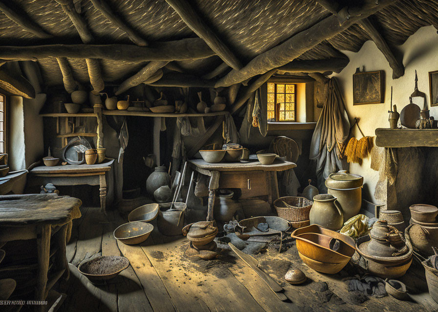 Medieval kitchen interior with wooden furniture, pottery, fireplace, and warm glow