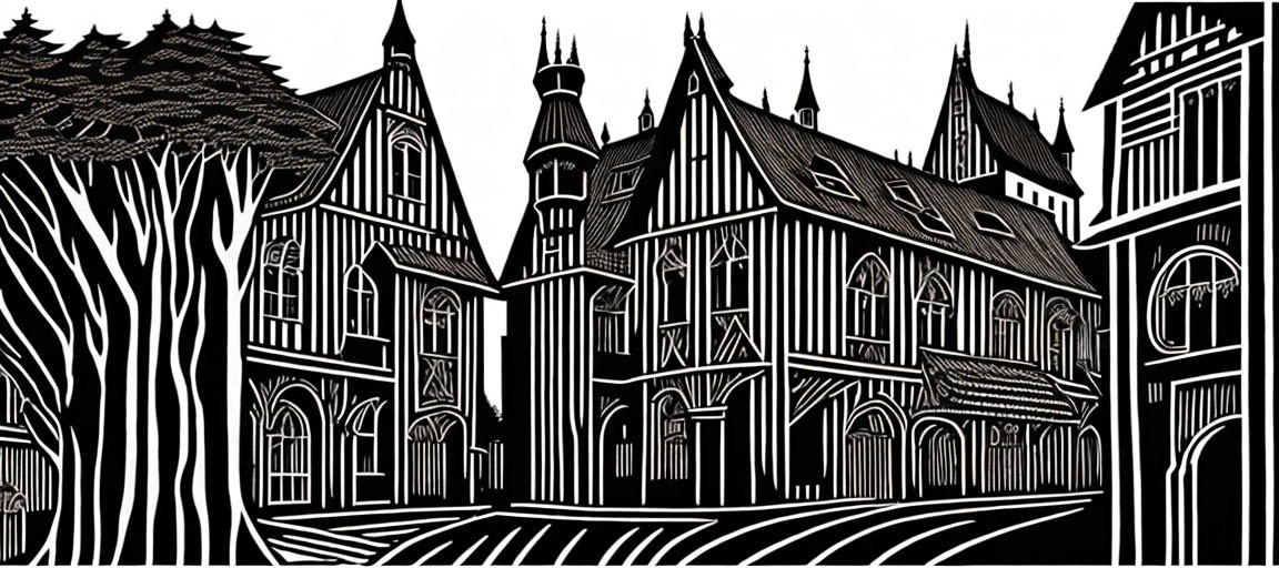 Monochrome gothic building illustration with turrets and trees