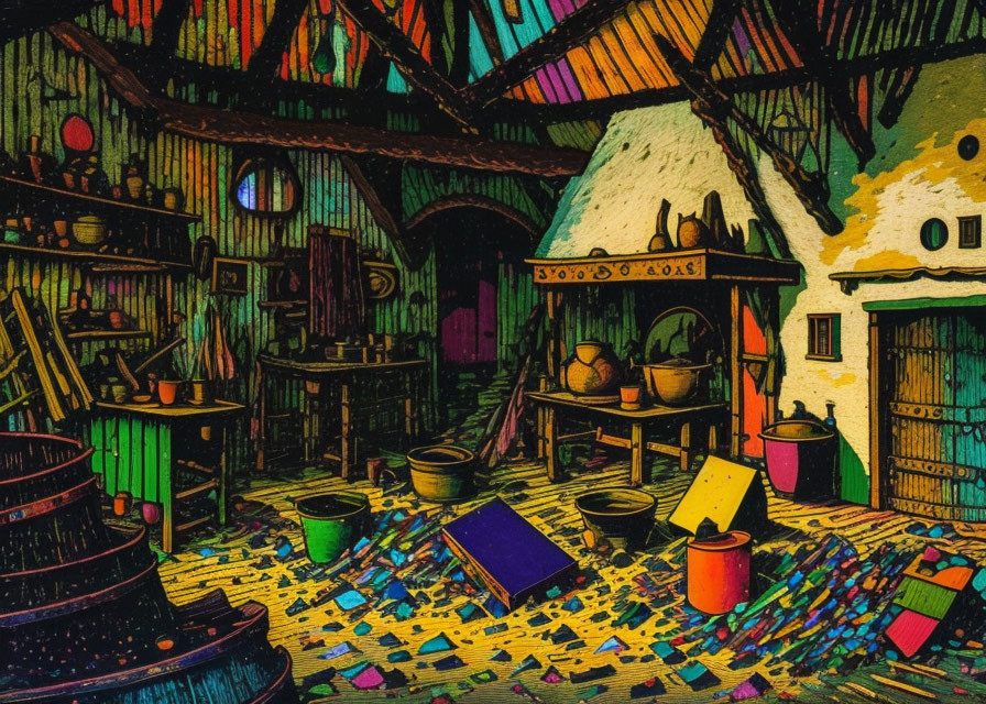 Whimsical magical workshop interior with colorful illustrations