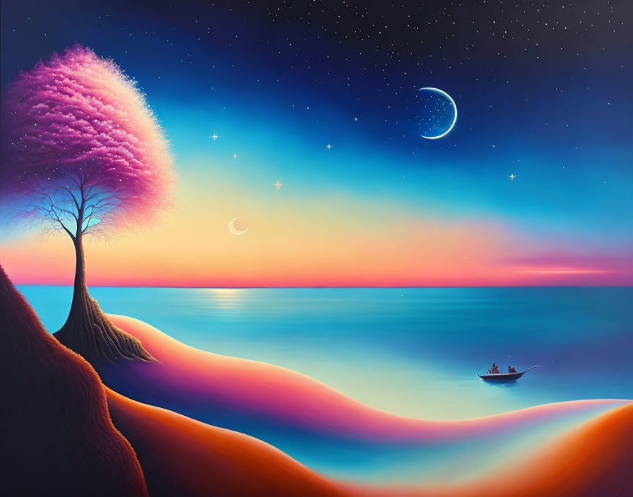 Vibrant surreal landscape with crescent moon, stars, pink tree, boat