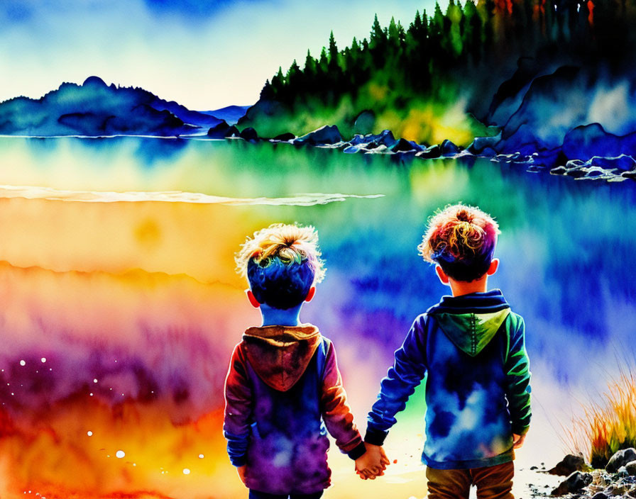 Children holding hands by colorful lake with mountains and forest.