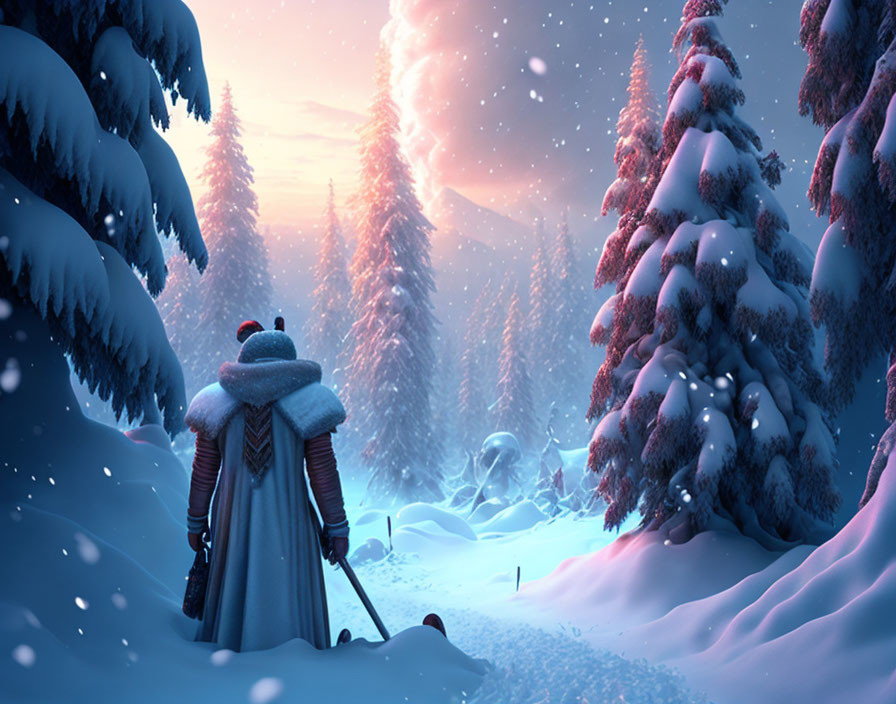 Cloaked Figure in Winter Forest Landscape with Heavy Snowfall