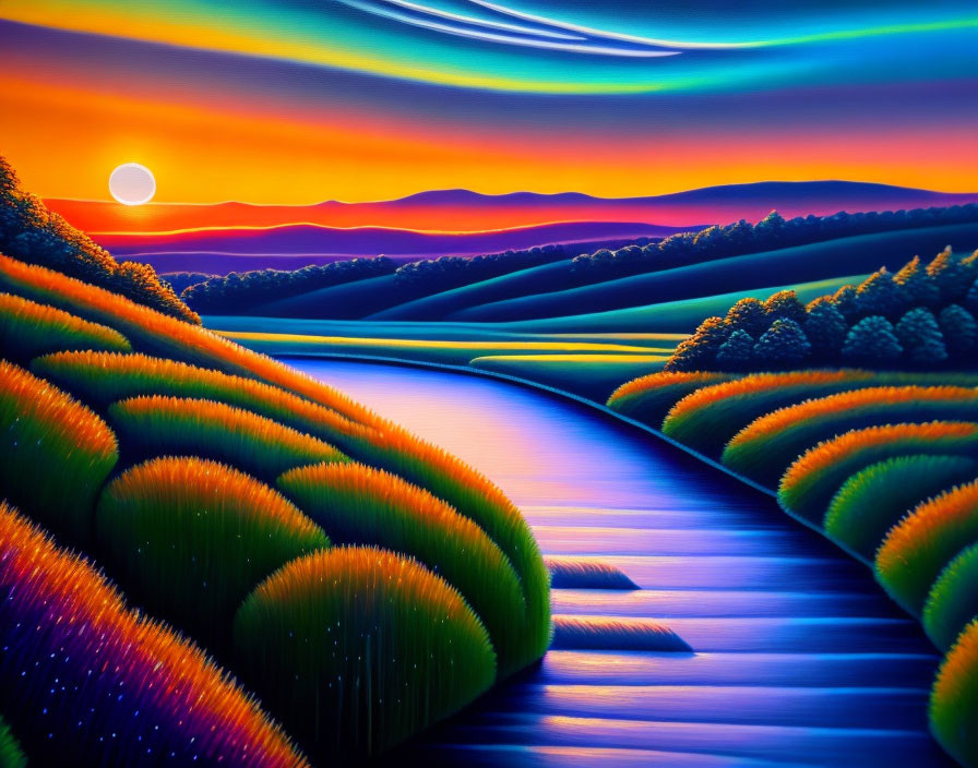 Vibrant landscape painting: rolling hills, winding river, radiant sunset, bright moon.