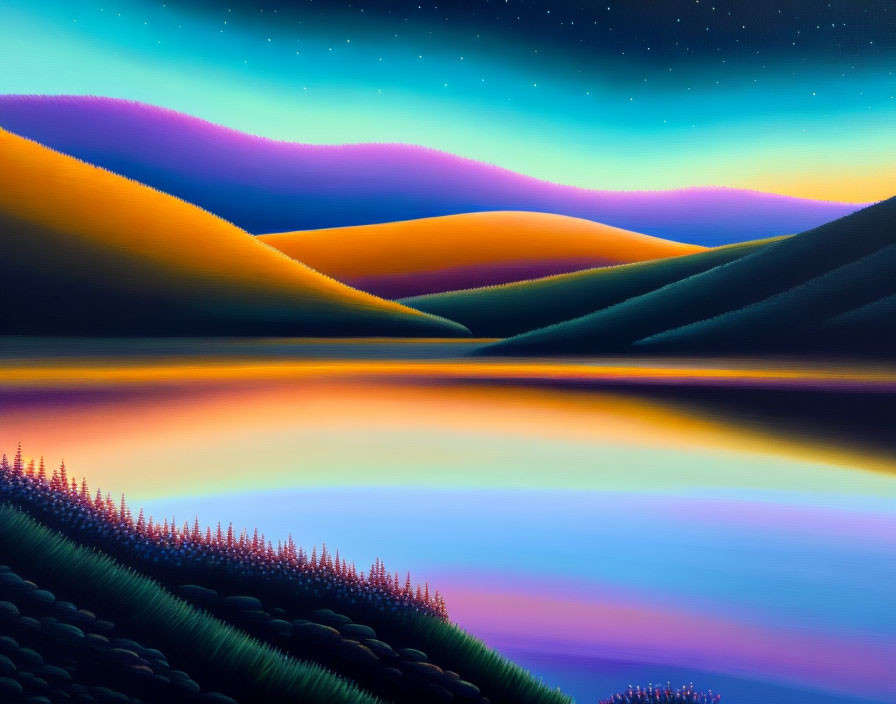Scenic painting of rolling hills, water reflection, starry sky in yellow to blue gradient