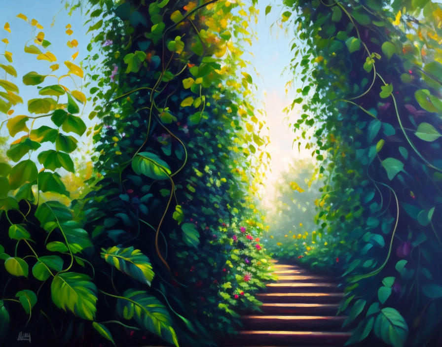 Tranquil forested pathway with dappled sunlight and vibrant foliage