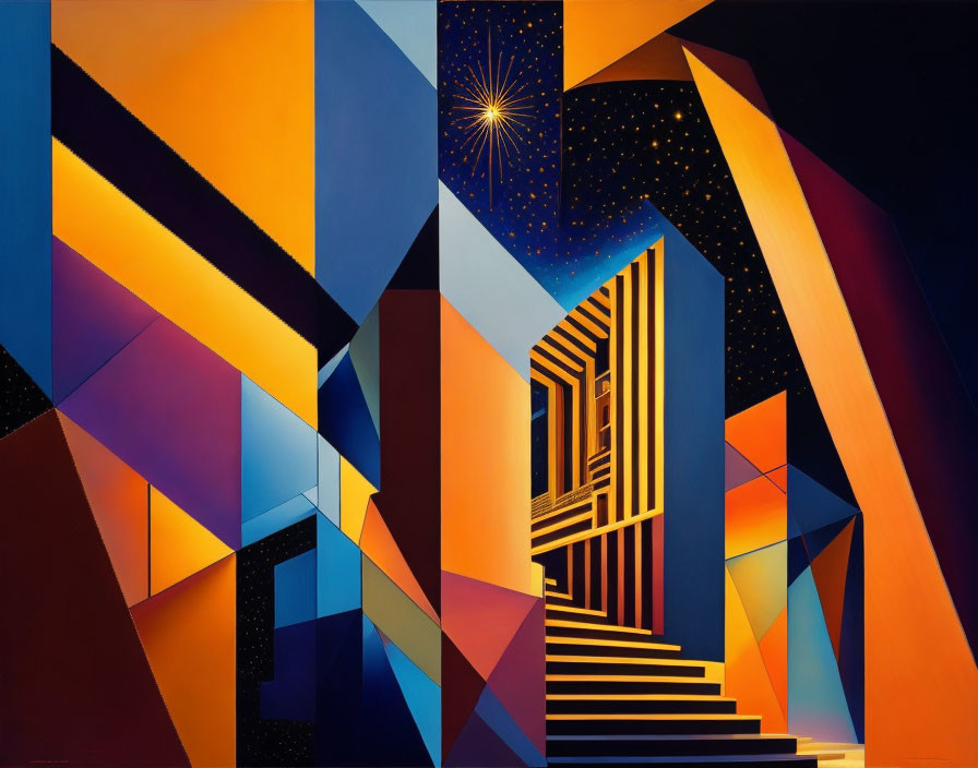 Vibrant geometric painting with staircase and starry sky