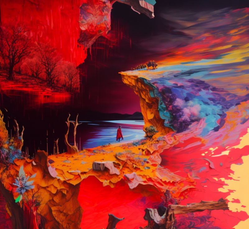 Person in Red Coat on Surreal Abstract Landscape with Vivid Colors