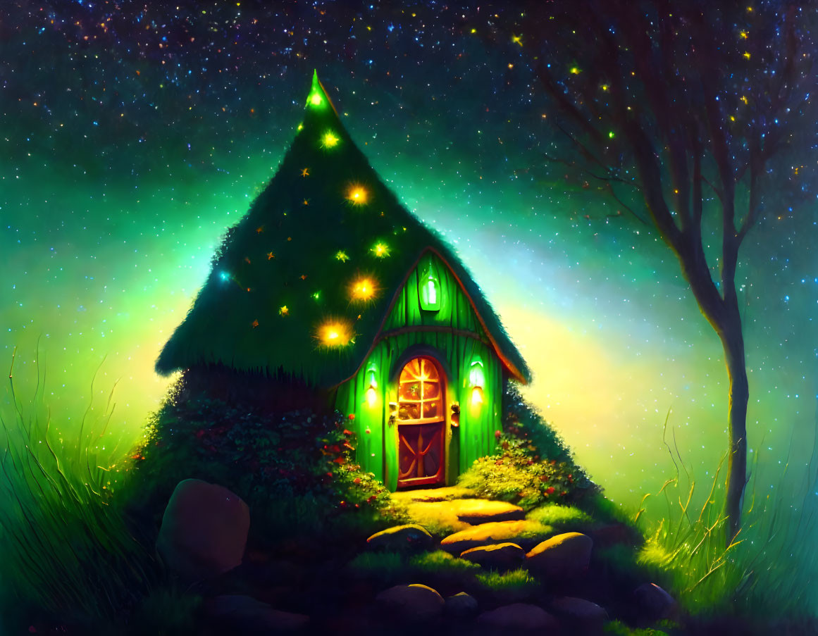 Cozy starlit treehouse in magical twilight clearing