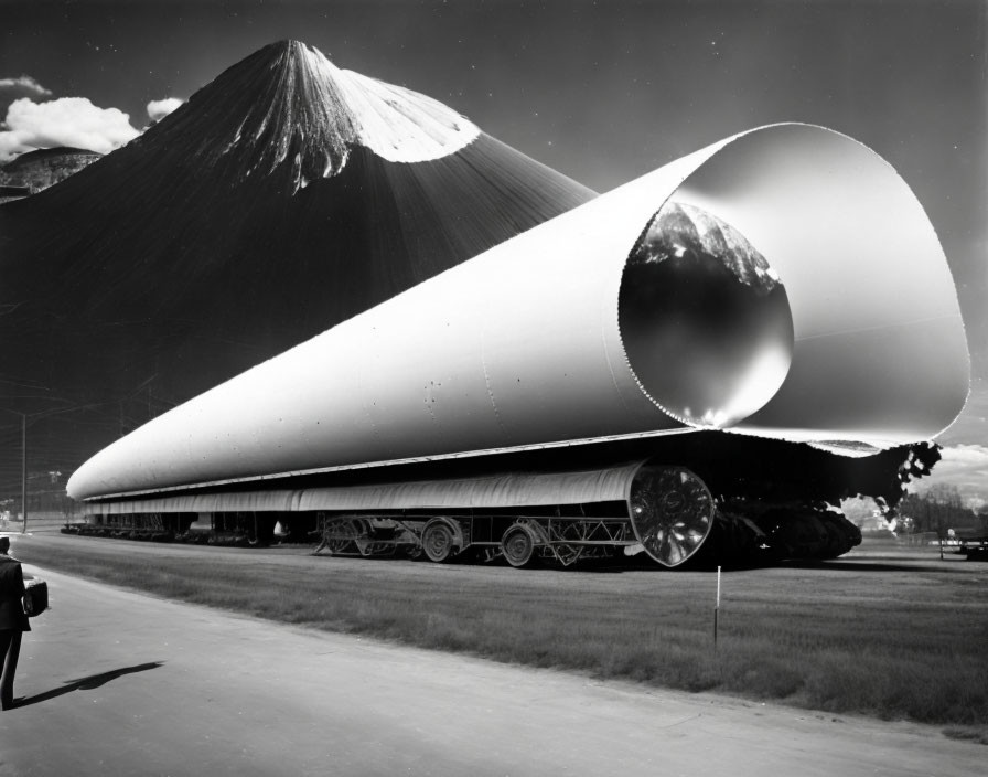 Long wind turbine blade on multi-wheeled trailer under clear sky