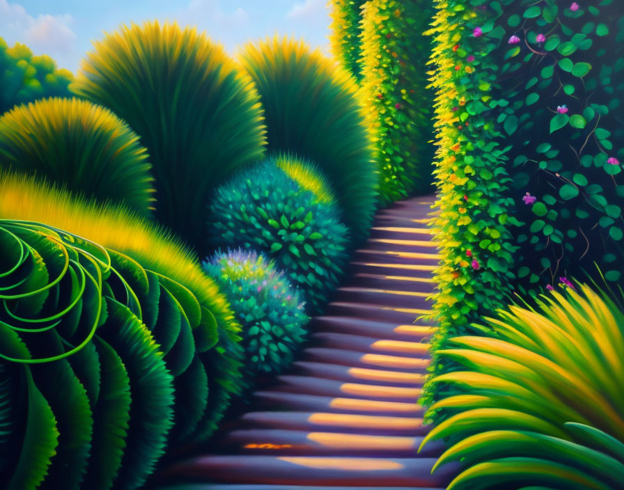 Surreal garden path with lush green foliage and warm light