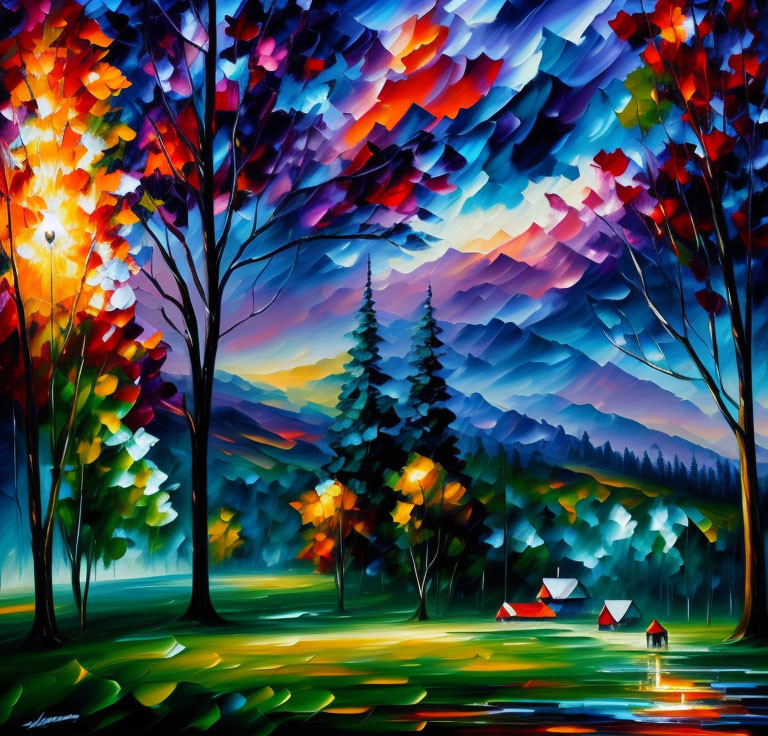 Colorful Autumn Landscape with Stylized Trees and River Tents