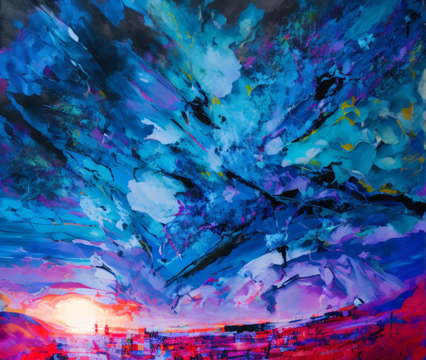 Colorful Abstract Painting: Blue, Purple, and Pink Hues Resemble Dramatic Sunset Sky