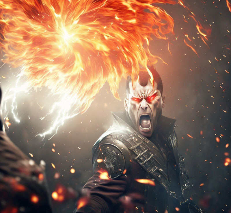 Warrior with flaming aura and face paint in intense battle scene