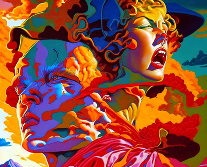 Colorful psychedelic artwork: Two faces in fluid shapes, surrounded by vibrant reds, oranges, and