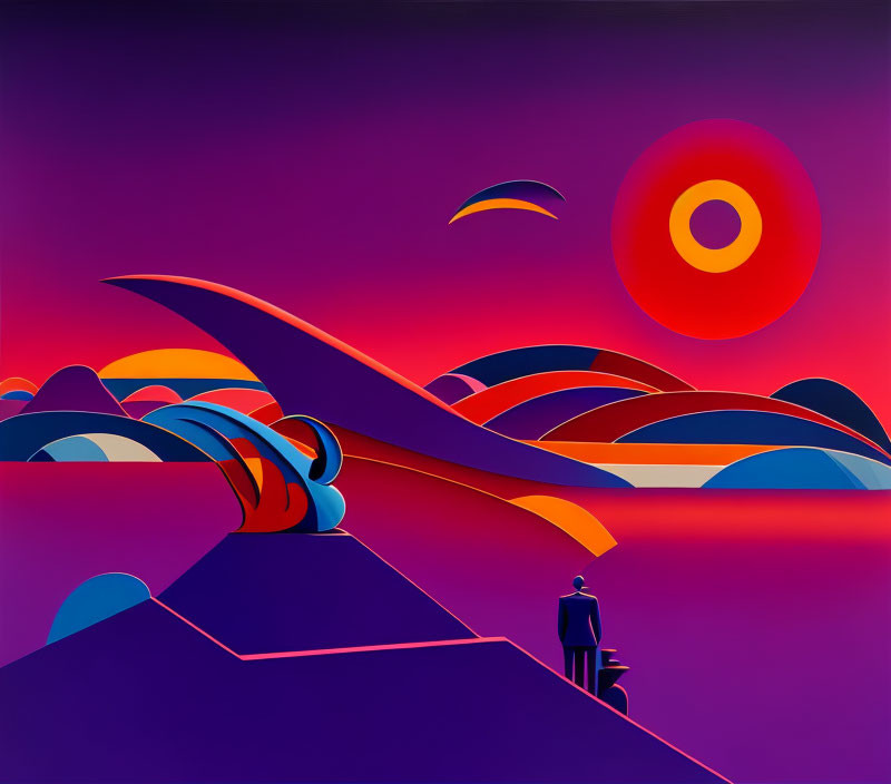 Vibrant surreal landscape with abstract shapes, figure, sun, and curved horizons