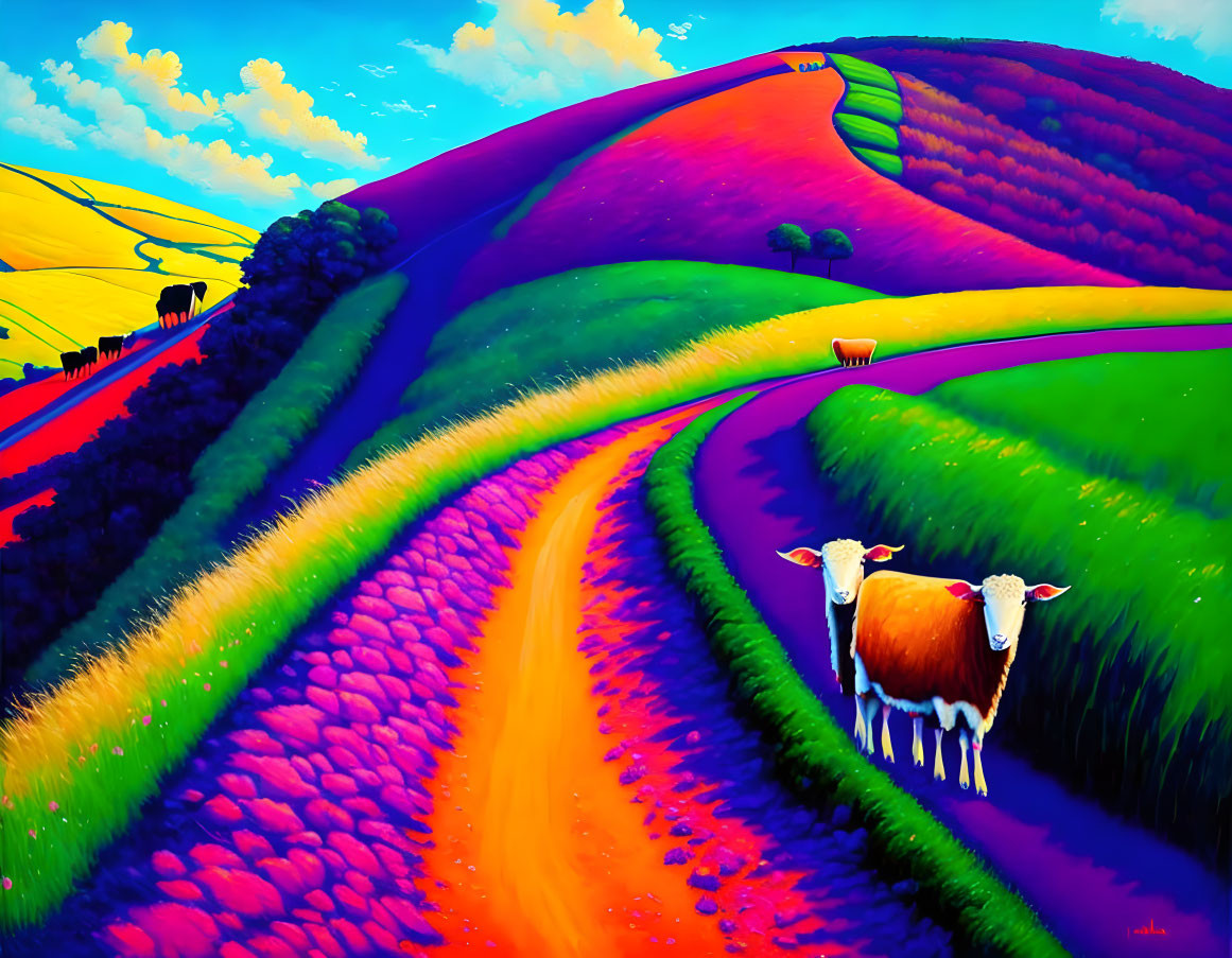 Colorful countryside painting with dirt road, cows, and blue sky