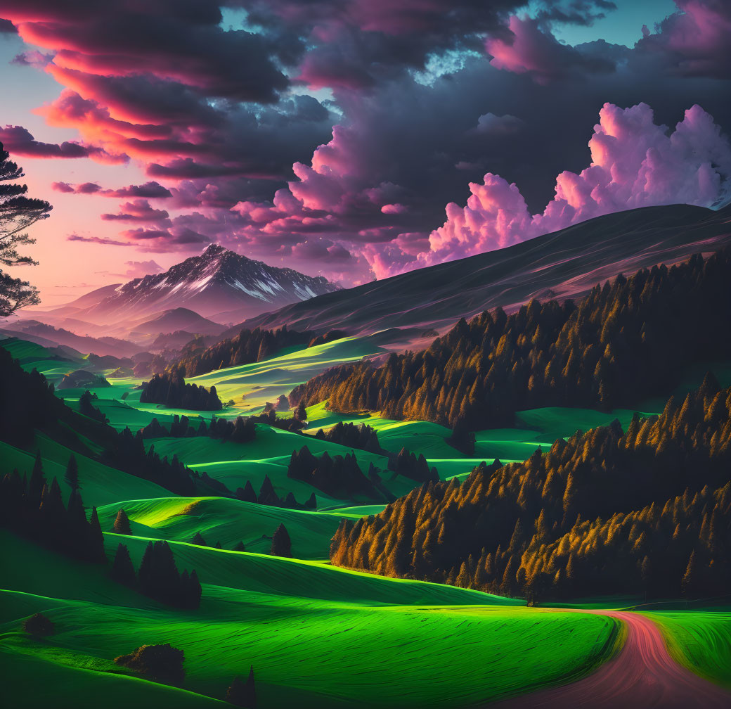Scenic landscape with green hills, road, forest, mountains, and cloudy sunset sky
