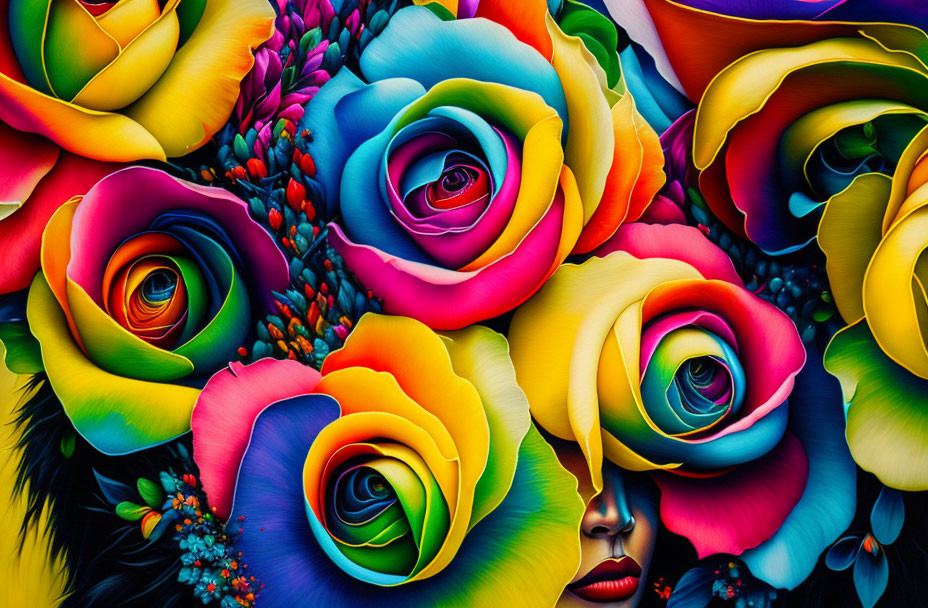 Colorful digital art: Woman's face with stylized roses & rainbow gradients