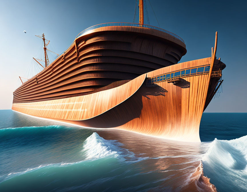 Gigantic wooden ship with exaggerated bow sailing on blue seas