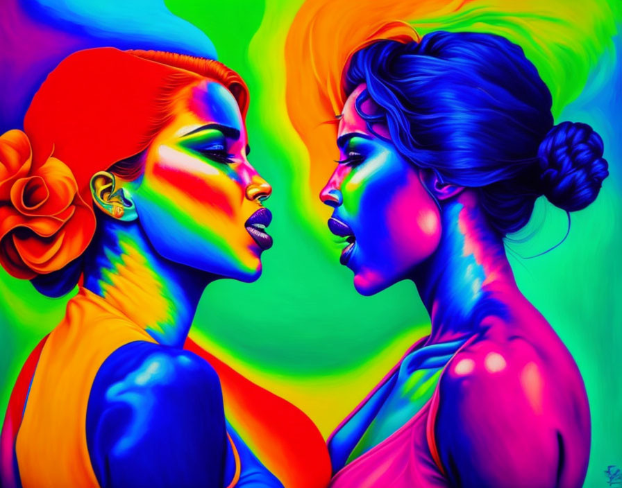 Vibrant neon colors: Two women facing each other on multicolored background